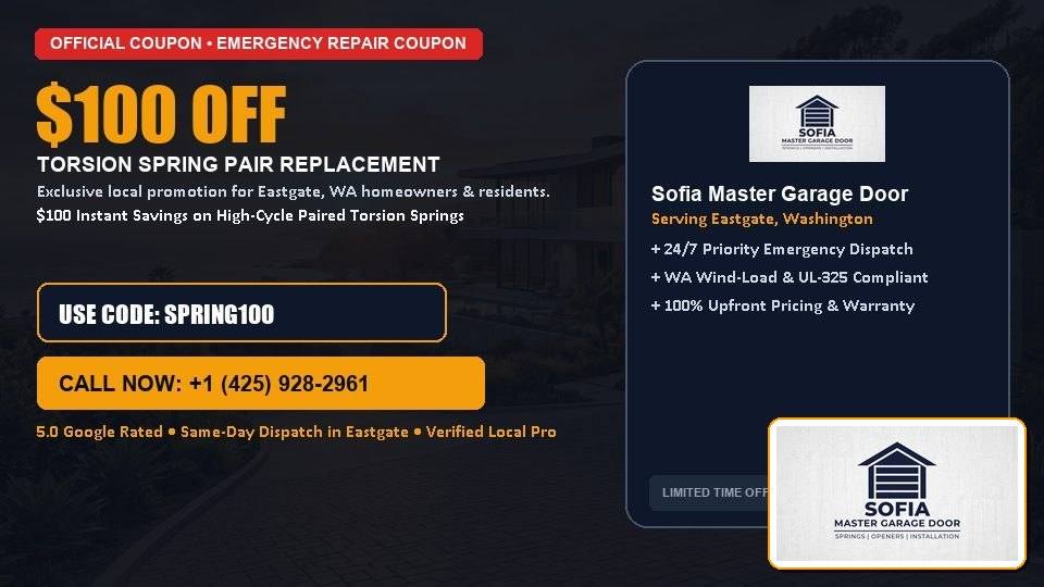 Sofia Master Garage Door $100 OFF Dual Torsion Spring Replacement in Eastgate, WA