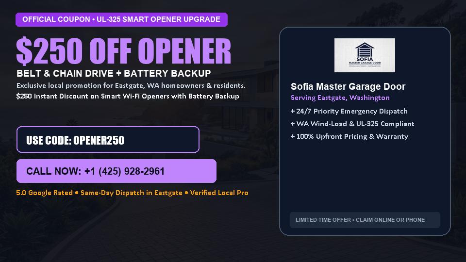 Sofia Master Garage Door $250 OFF Premium LiftMaster Opener Installation in Eastgate, WA