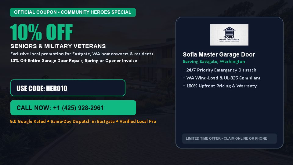 Sofia Master Garage Door 10% OFF Seniors & Military Veterans in Eastgate, WA